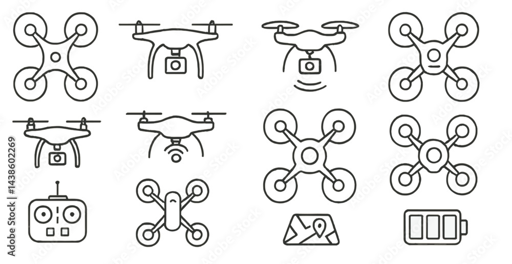 Poster Designs of various drones and controllers illustrated in clean line art suitable for technology and aviation themes
