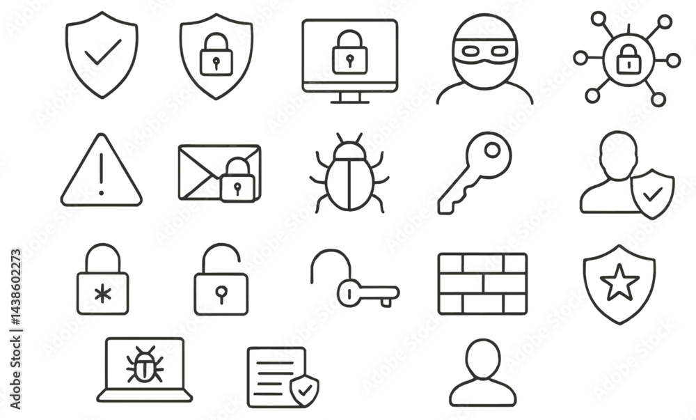 Poster Collection of security icons representing cybersecurity concepts in a minimalist design featuring various symbols and key elements