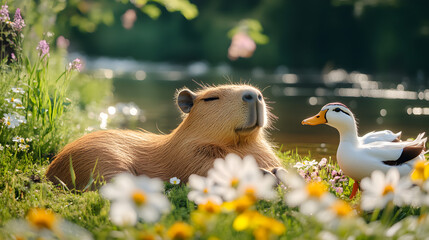 Captivating Scene of Capybara and Duck Relaxing by a Blooming Pond in Tranquil Meadow