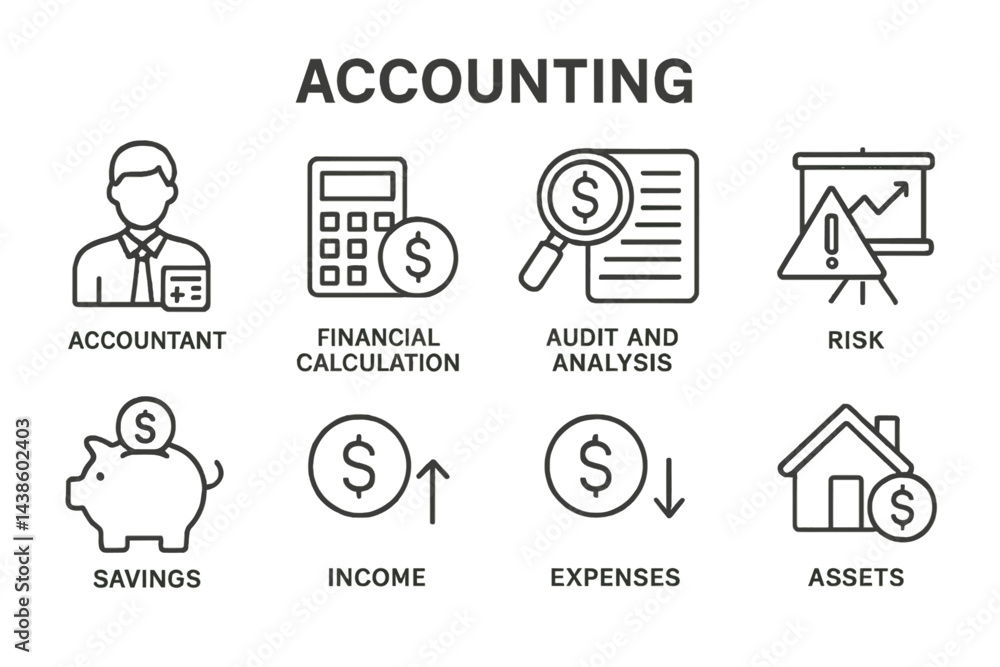 Aufkleber understanding key concepts of accounting with icons illustrating various financial activities