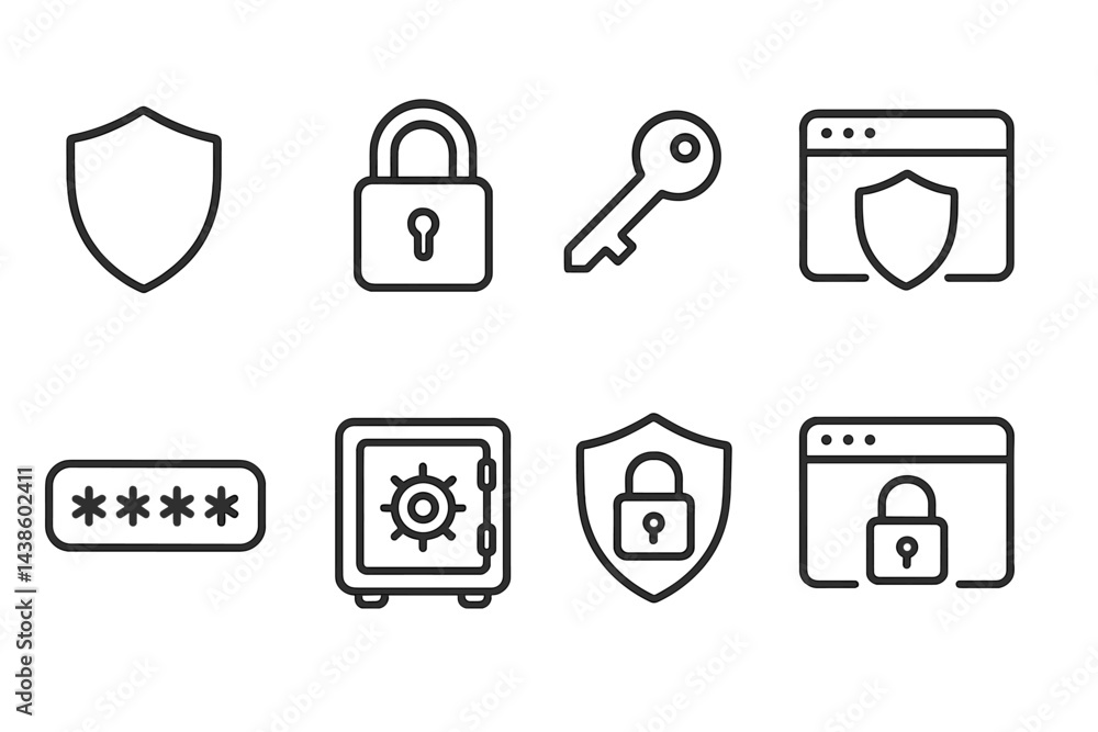 Aufkleber Symbols representing security and protection in digital environments with various icons displayed in a grid format