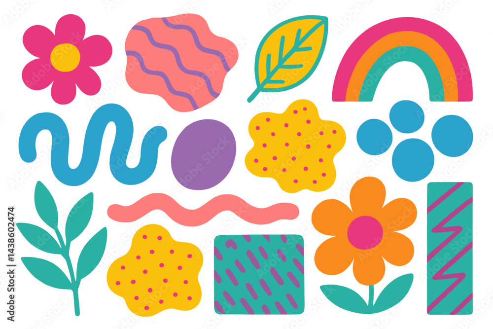 Aufkleber colorful abstract shapes and patterns create a playful design filled with flowers, waves, and rainbo