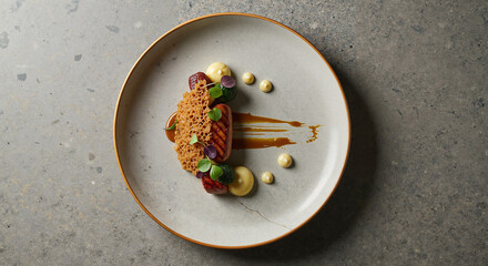 Gourmet dish artfully plated on a modern ceramic plate  