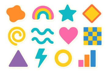 Colorful geometric shapes and patterns arranged on a bright background for creative projects or educational activities
