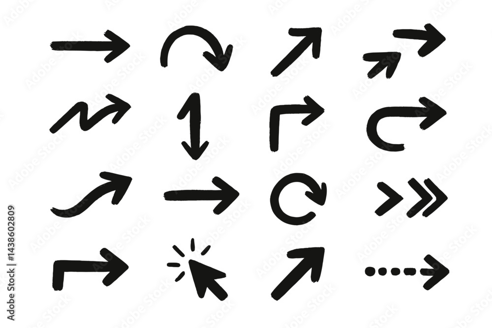 Poster collection of hand-drawn arrows in various styles and directions on a white background