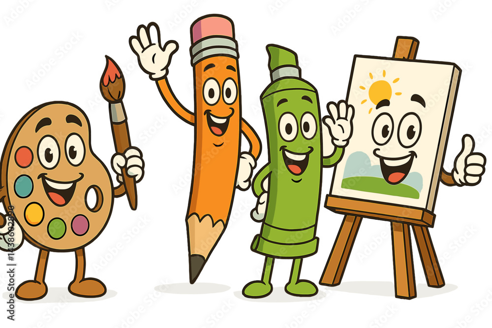 Poster creative cartoon characters enjoy art activities in a bright and cheerful setting with painting tool