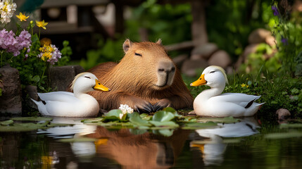 Peaceful Pond Scene with Capybara and Ducks Amidst Lush Greenery and Colorful Blooms