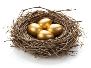 Fototapeta premium Four Shiny Golden Eggs Lying Securely in a Realistic Bird Nest on White Background