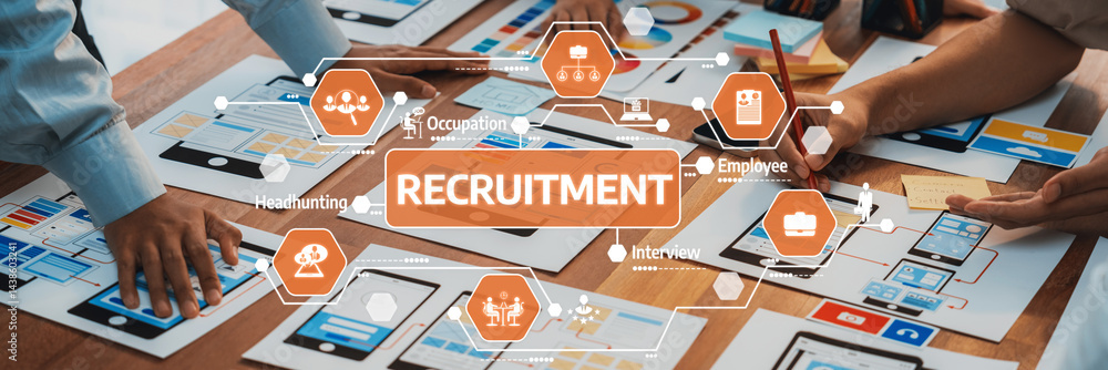 Poster hands engaged in recruitment process, displaying charts and diagrams on table with focus on hiring s