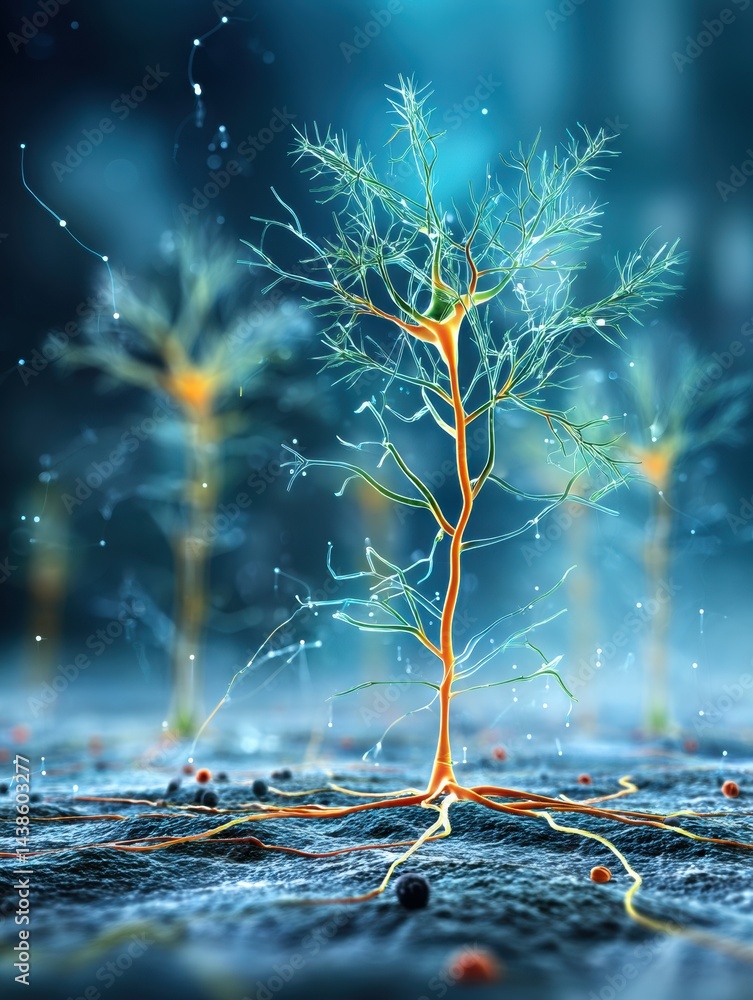 Aufkleber stylized synthetic neuron growing in a digital environment with vibrant colors and intricate details