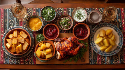 Overhead view of a full pollo a la brasa meal with sides of yuca frita and sauces, festive Peruvian family table setting