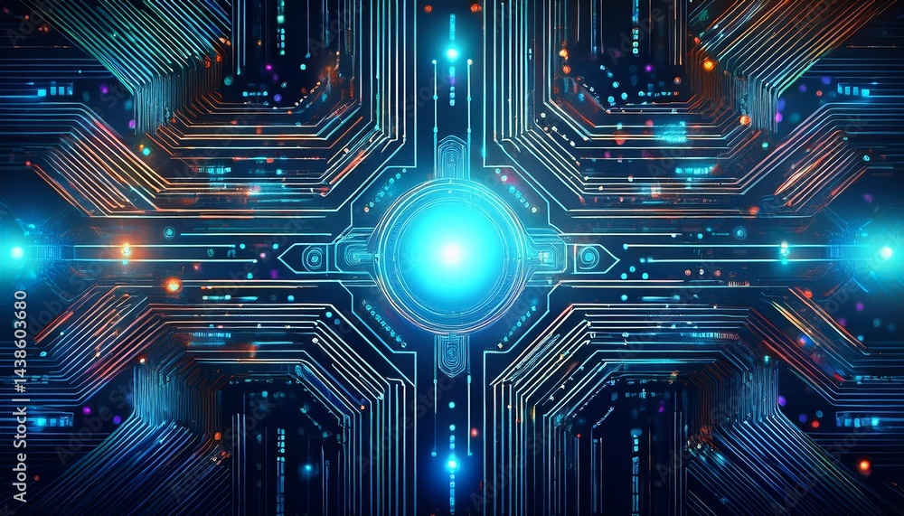 Poster futuristic ai technology concept with glowing circuit patterns and digital symbols representing adva