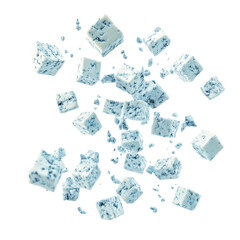 Blue Cheese Cubes Falling Midair Crisp  isolated on a transparent background
