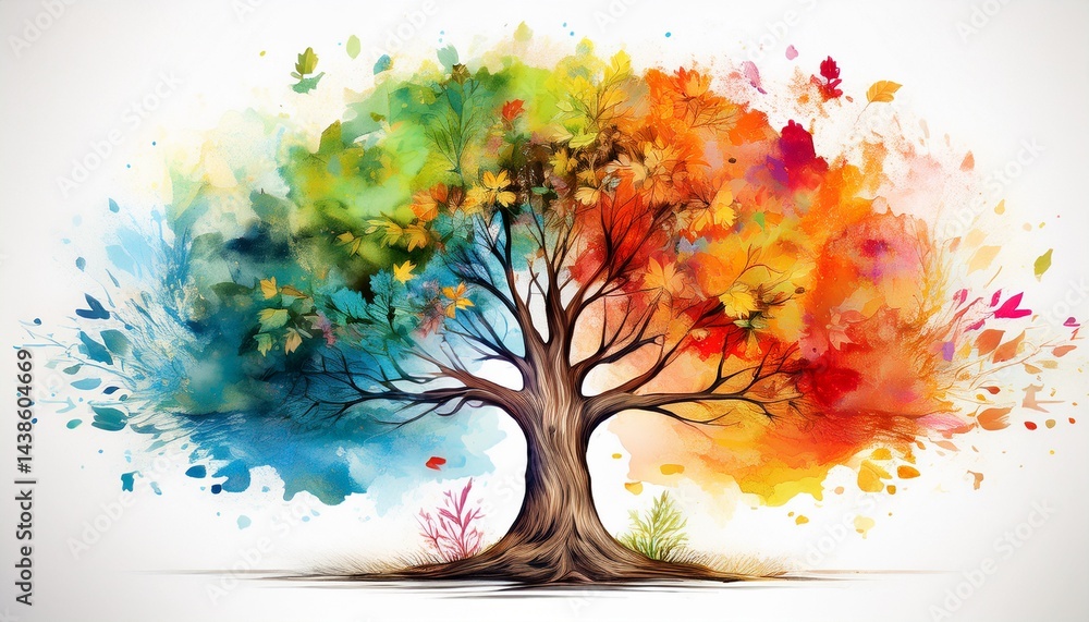Poster tree with changing seasons affect in watercolour style isolated on white background