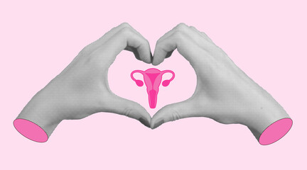 Uterus and ovaries symbolizing female anatomy and reproductive system. Hands supporting heart...