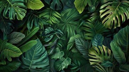 Naklejka premium Abstract tropical green color of plant for decoration in natural style create contrast scene. Vividness of fresh leaves express refreshment of nature and calming emotion perfect for background. AIG53.