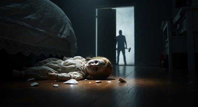 Scary killer approaching broken doll in dark room with axe