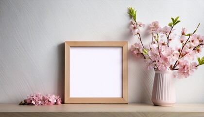 mock up wood frame with pink spring flowers and vase white shelf against a white wall copy space