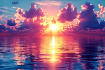 Vibrant sunset over calm ocean, reflected in water, pink and purple clouds