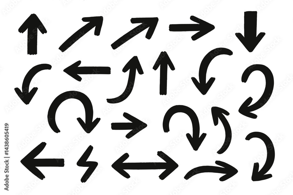 Poster various bold direction arrows in black on a white background for graphic design applications and cre