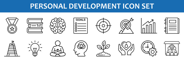 Personal development icon set: growth, goals, success, mind, target, strategy, and achievement icons