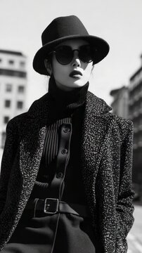 Woman in black coat, hat, and sunglasses on city street.