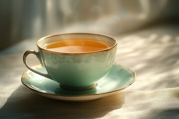 Fototapeta premium A steaming cup of tea sits elegantly on a saucer, bathed in soft, gentle light, inviting relaxation and warmth.