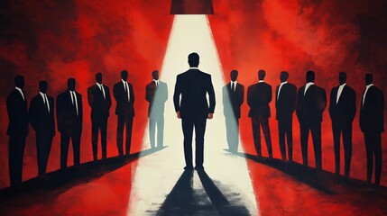 Authoritative Businessman Under Spotlight Surrounded by Corporate Figures – Abstract Illustration Symbolizing Leadership, Decision-Making, and Power in a Dramatic Red Setting