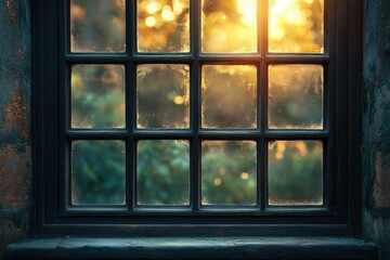 Sunset through a dusty, old windowpane, casting warm light on a green, blurry landscape.