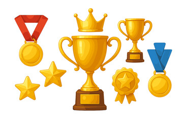 Collection of gold trophies, medals, and awards displayed prominently in a celebratory arrangement