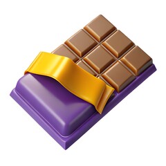 Chocolate Bar Isometric View Shiny Brown Chocolate Pieces with Yellow Wrapper on Purple Pack