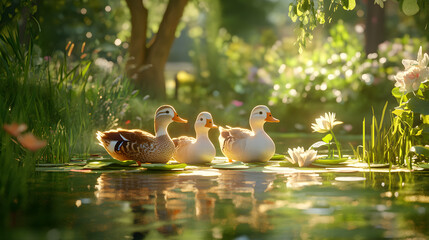 Serene Ducks Enjoying a Sunlit Pond Amid Lush Greenery and Vibrant Lilies, Capturing the Essence of Peace and Natural Beauty in a Picturesque Summer Landscape