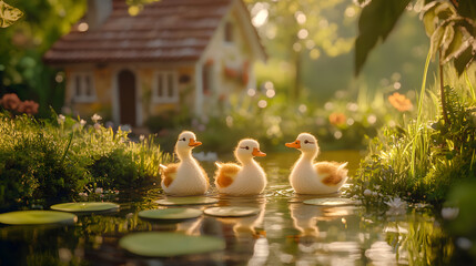 Enchanting Ducklings Glide Gracefully in a Serene Pond Scene Near a Charming Cottage Amidst Lush Greenery