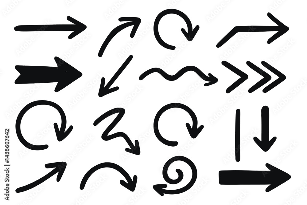 Aufkleber collection of black arrows and curves on a white background for design projects and educational purp