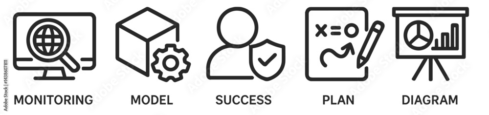 Poster Various icons representing concepts of monitoring, modeling, success, planning, and diagrams in digital design