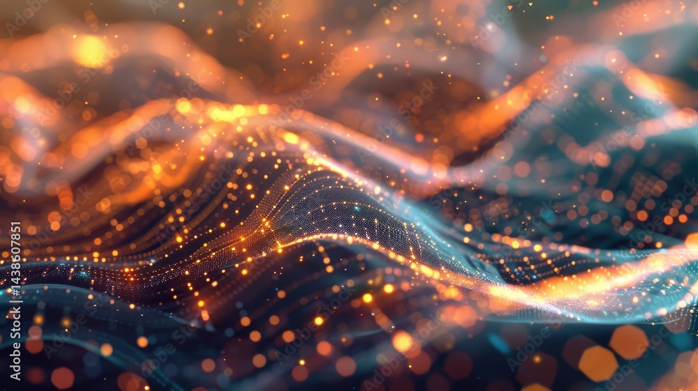 Poster abstract golden light trails with glowing particles. digital artwork of glowing yellow particle spar