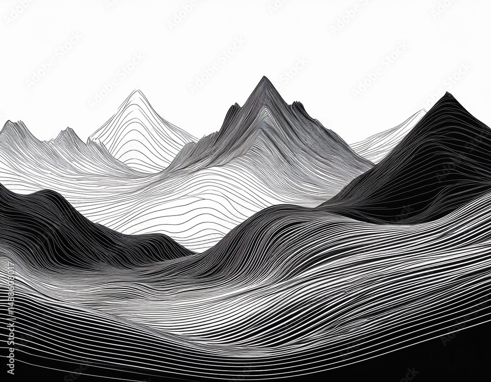 Poster background with lines black lines on white background with space for text mountain relief