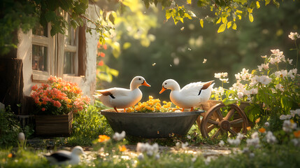 Enchanting Garden Scene at Sunrise: Ducks Enjoying Nature's Beauty Amidst Blossoming Flowers in Rustic Countryside