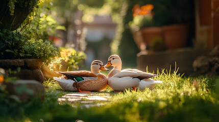 Charming Pair of Ducks Resting in Sunlit Garden Amidst Lush Greenery and Serene Atmosphere
