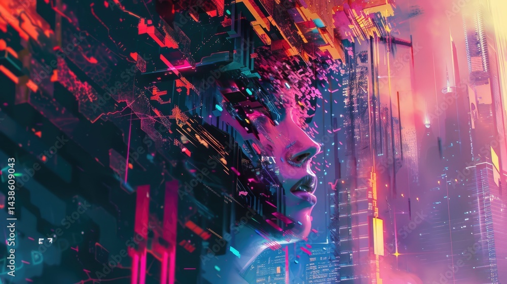 Poster abstract of complex glitch with broken pixel effect in cyber background. human shape and colorful pa