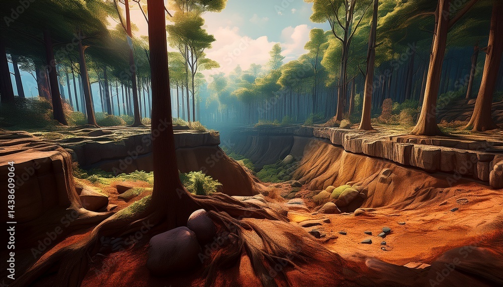 Poster a serene forest scene featuring exposed soil layers and rocks surrounded by tall trees highlighting 