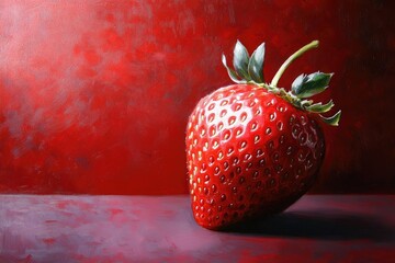 A vibrant oil painting of a single strawberry on a red surface, showcasing texture and light in a minimalist style.
