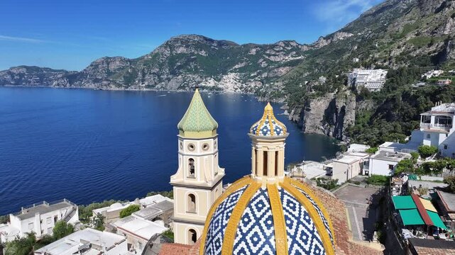 Praiano Church At Praiano In Salerno Italy. Coastal City. Waterfront Landscape. Praiano Church At Praiano In Salerno Italy. Beach Scenery. Medieval Buildings. Amalfi Coast Skyline.