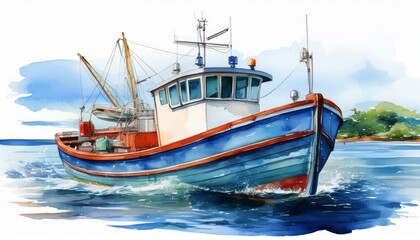 fishing boat watercolor illustration isolated on transparent sea for art work
