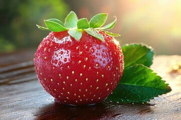 A vibrant, juicy strawberry shines with dew drops, its red skin contrasting with the green leaves, lying on a wooden surface.