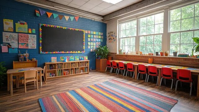 Bright and Colorful Preschool Classroom: A vibrant and inviting preschool classroom, filled with colorful decorations, learning materials, and cheerful furniture.