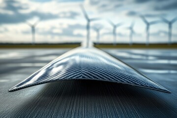 Carbon fiber wing slice lays on the runway against blurred wind turbines in the background, symbolizing renewable energy.