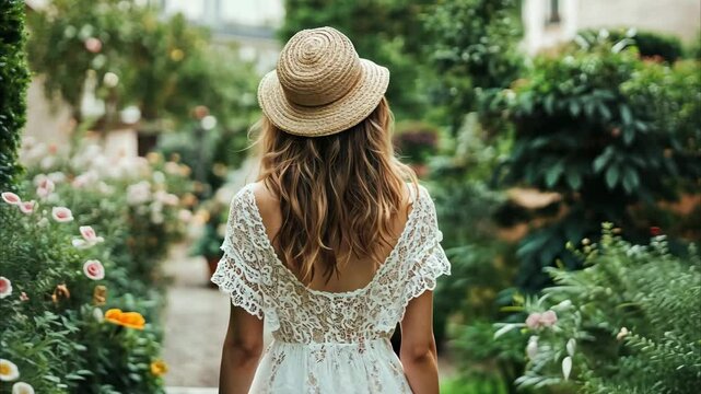Girl in a flowing dress strolls through a lush Parisian garden on a beautiful day, Attractive girl walking in the garden in Paris