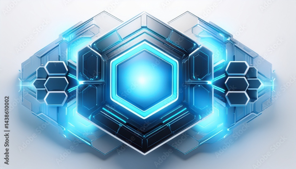 Poster modern 3d hexagonal technology abstract background features blue bright energy flashes under hexagon