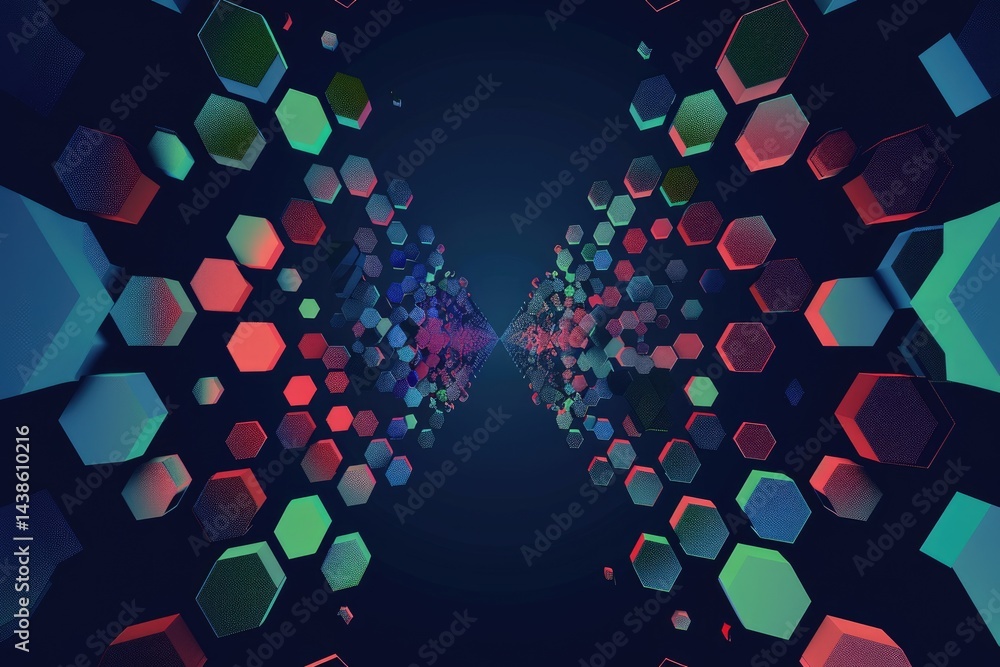 Poster geometric hexagon shapes in green and red on a dark background. 3d abstract design with depth and pe
